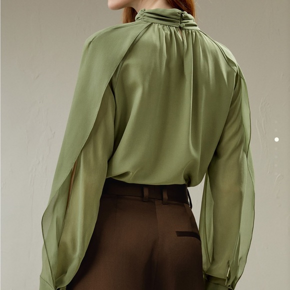 LilySilk Side Slit Lantern Sleeve Silk Blouse in Pistachio - Picture 2 of 9